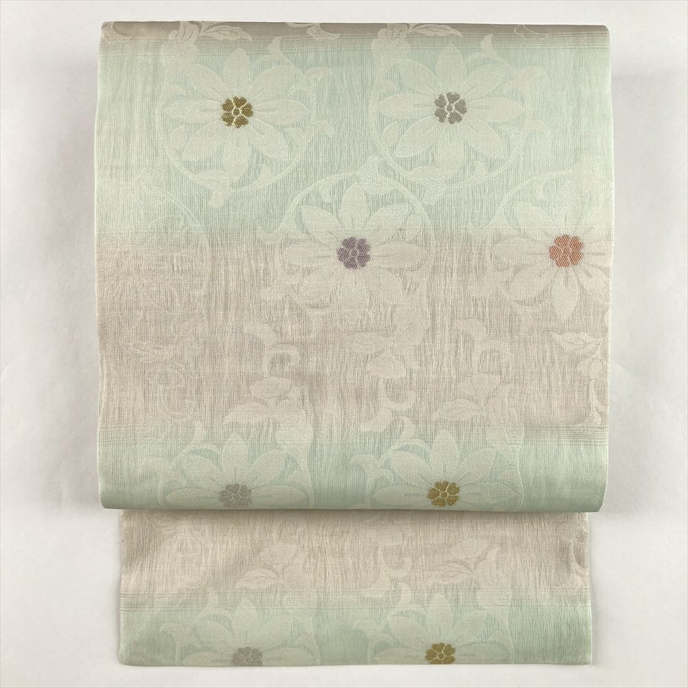 中古）袋帯 紺 紫 セミフォーマル 全通 織り 雪輪 蔓花 絹