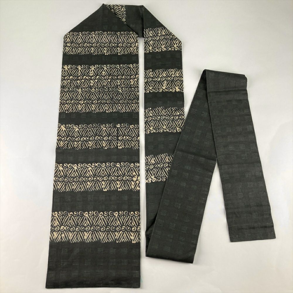 中古）夏名古屋帯 濃灰 グレー カジュアル 名古屋仕立て 染め 幾何学 絹