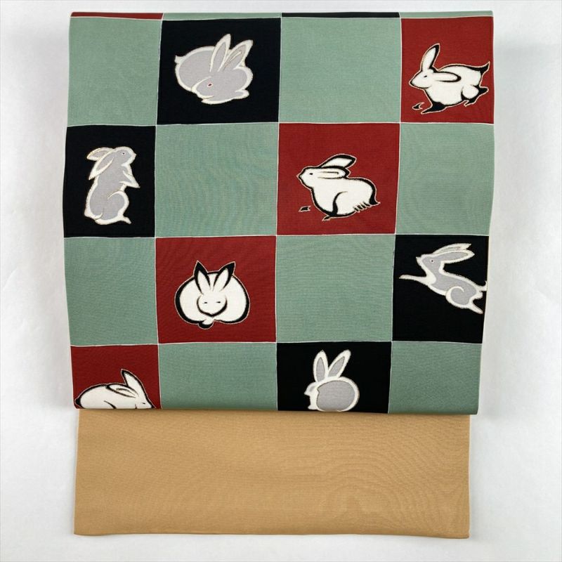 中古）名古屋帯 芥子 黄色 緑 カジュアル 名古屋仕立て 塩瀬 染め 市松