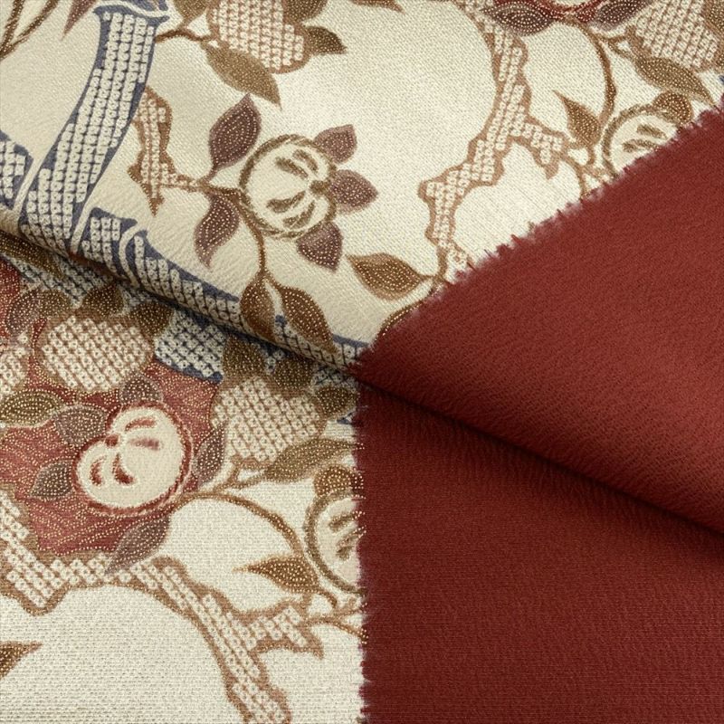 志ま亀　名古屋帯　染帯　縮緬地　未使用　茶　南天唐草 志ま亀 名古屋帯 染帯 縮緬地 未使用 茶 南天唐草 志ま