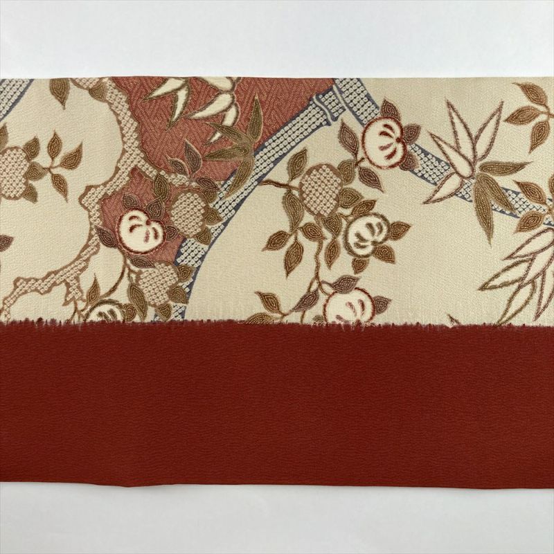 志ま亀　名古屋帯　染帯　縮緬地　未使用　茶　南天唐草 志ま亀 名古屋帯 染帯 縮緬地 未使用 茶 南天唐草 志ま