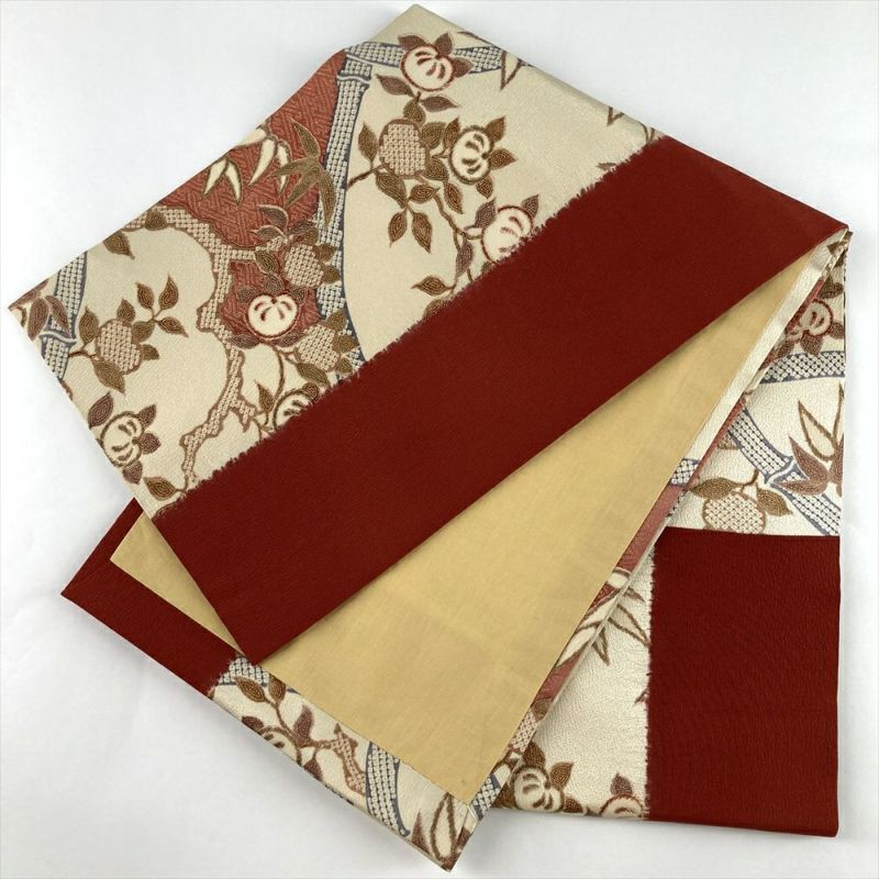 中古）名古屋帯 赤茶 カジュアル 開き仕立て 縮緬 染め 橘 笹 絹