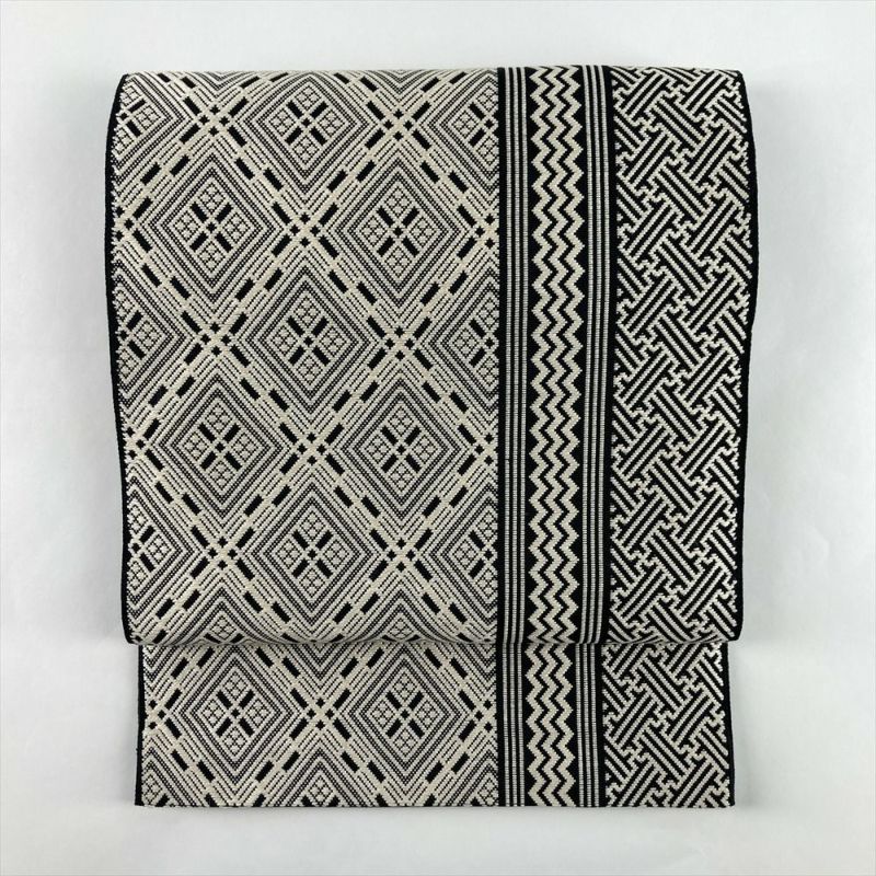 中古）名古屋帯 モノトーン 黒 白 カジュアル 平仕立て 織り こぎん