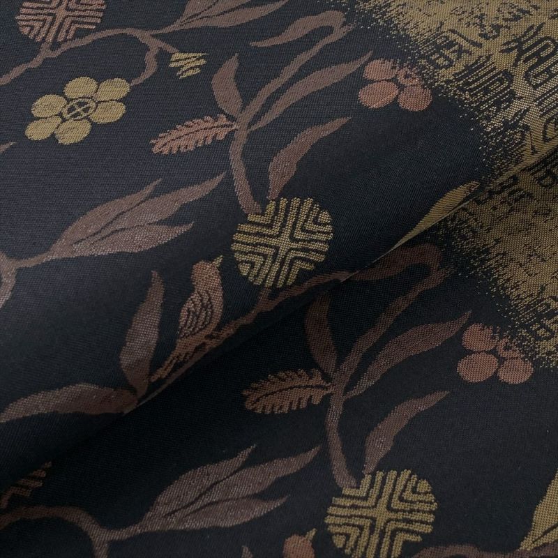 中古）袋帯 黒 セミフォーマル 六通 織り 笹蔓 鳥 文字 絹