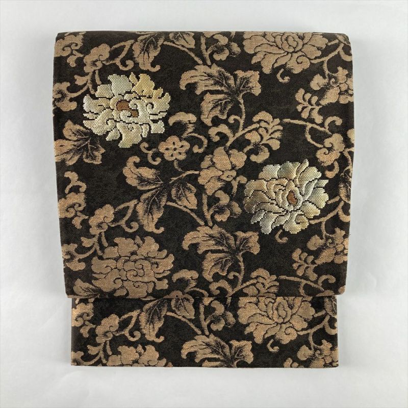 中古）袋帯 茶 カジュアル 六通 纐纈 手引き 金華織 牡丹唐草 絹