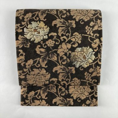 中古）袋帯 茶 カジュアル 六通 纐纈 手引き 金華織 牡丹唐草 絹