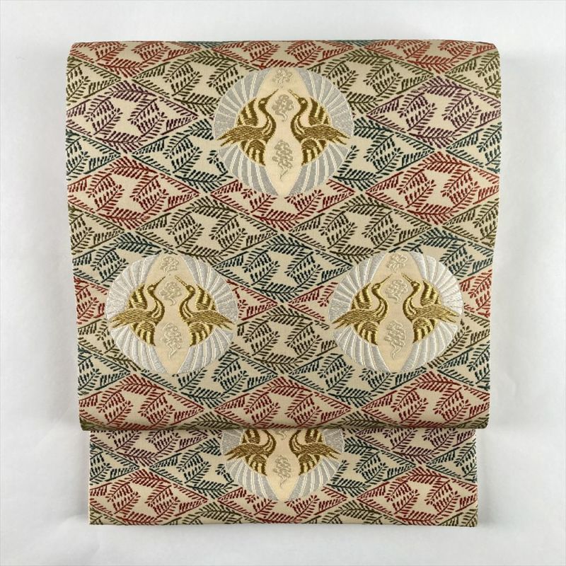 中古）袋帯 白茶 生成り セミフォーマル フォーマル 六通 織り 金糸 菱