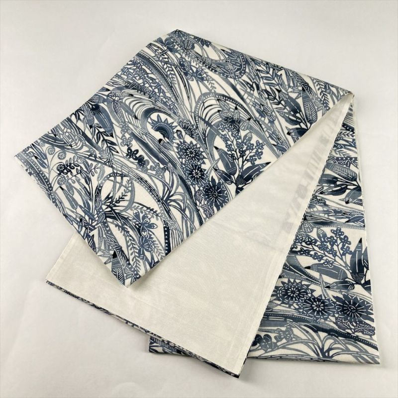 中古）京袋帯 白 青墨 カジュアル 全通 紬地 紅型染め調 水辺 草花 絹