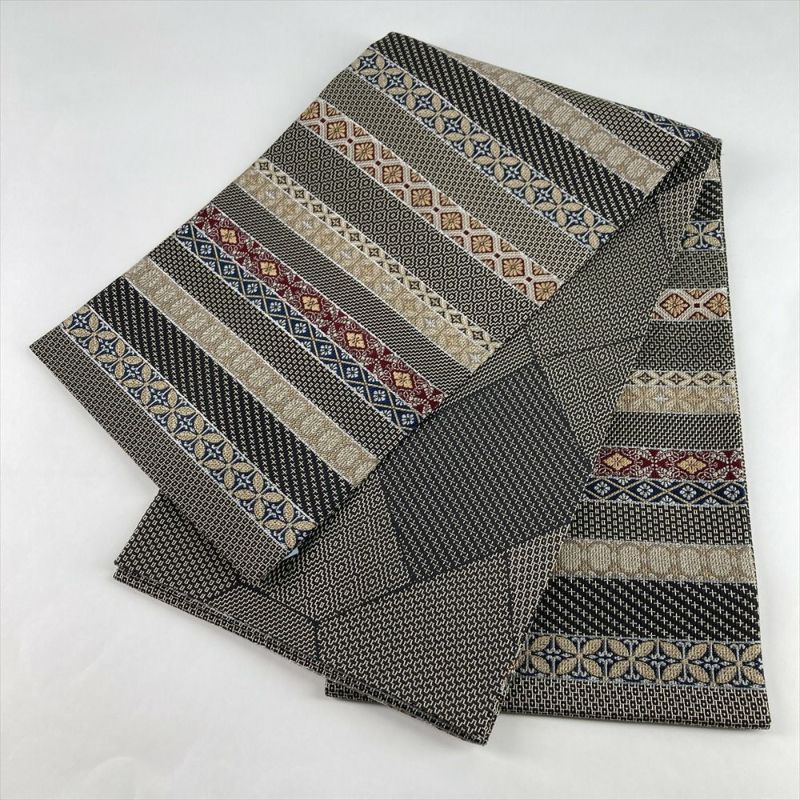 六通　袋帯 中古）袋帯 墨黒 セミフォーマル 六通 刺し子織 横段割り付け文 絹