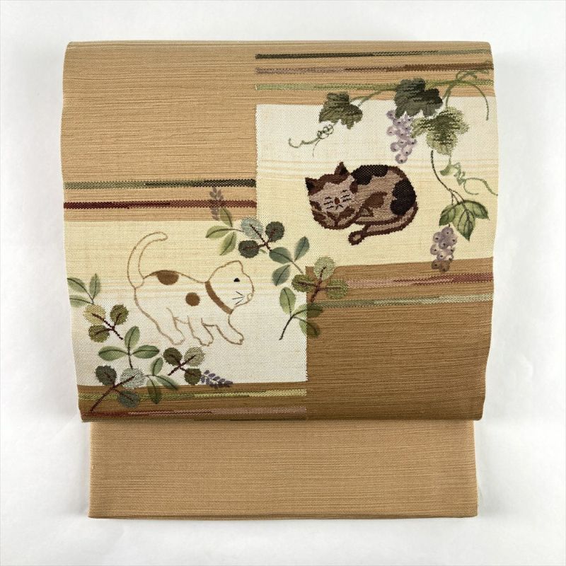 中古）袋帯 薄茶 カジュアル 六通 手織り 紬 柿渋染 猫 絹