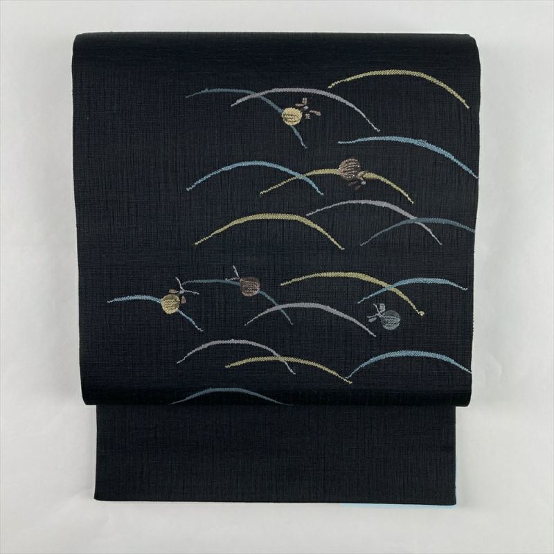 中古）袋帯 黒 カジュアル 六通 織り 金糸 銀糸 蛍 露芝 絹