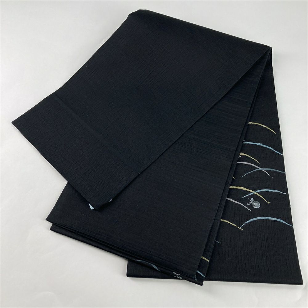 中古）袋帯 黒 カジュアル 六通 織り 金糸 銀糸 蛍 露芝 絹