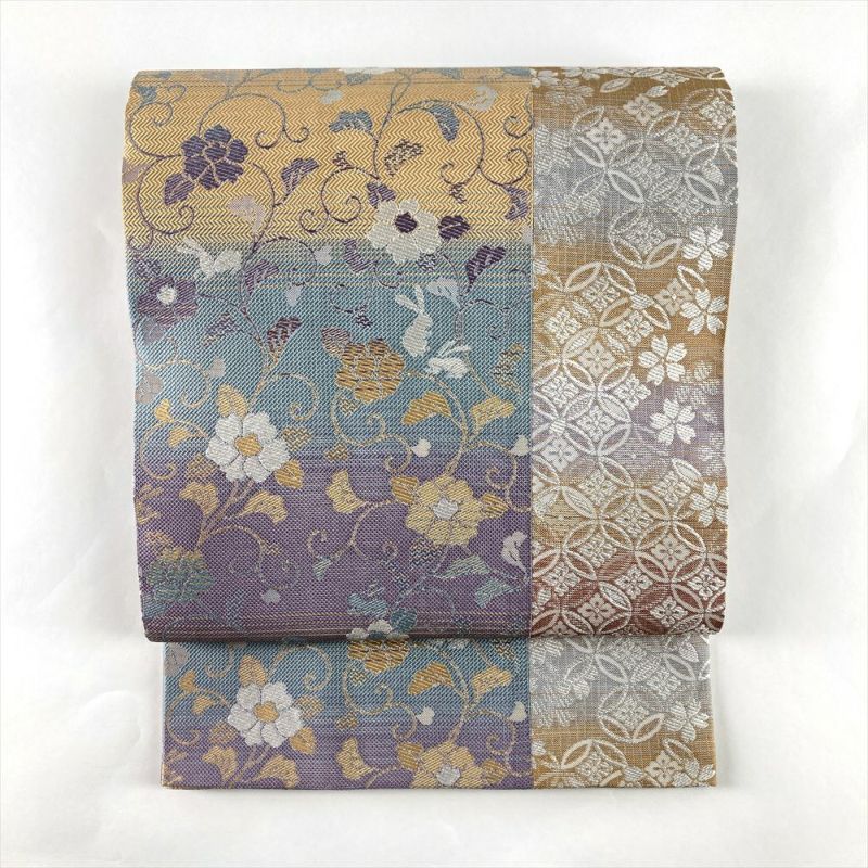 中古）袋帯 薄紫 水色 薄茶 カジュアル 全通両面 織り 切り嵌め 吉祥文