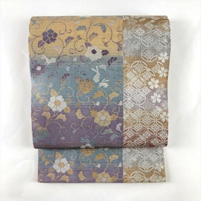 ぜんまい紬 両面全通 袋帯 唐草 正絹 白 紫 アイボリー ベージュ 682 ぜんまい紬 両面全通 袋帯 唐草 正絹 白 紫 アイボリー ベージュ 682