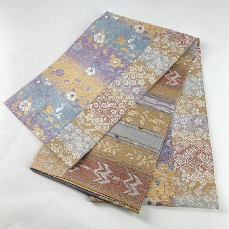 中古）袋帯 薄紫 水色 薄茶 カジュアル 全通両面 織り 切り嵌め 吉祥文