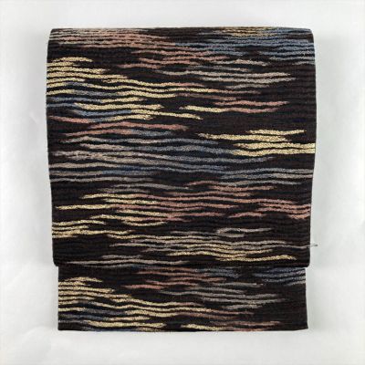 中古）袋帯 黒 カジュアル 六通 織り 本草木染 波 絹