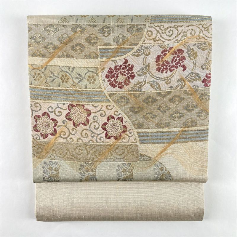 袋帯 大島紬 生地使用 貼り付け柄 白ベージュ 菱 金彩加工 中古 kp1954 袋帯 大島紬 生地使用 貼り付け柄 白ベージュ 菱 金彩加工 中古 kp1954