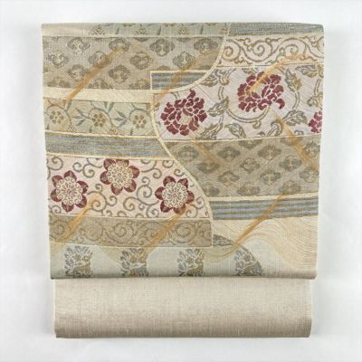 中古）袋帯 白金 セミフォーマル 六通 未仕立て 織り 名物裂 絹