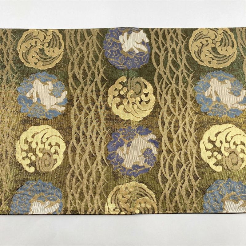 中古）袋帯 鶯茶 金 セミフォーマル フォーマル 六通 織り 金糸 兎