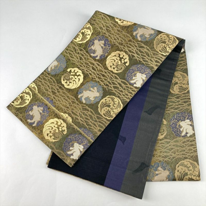 中古）袋帯 鶯茶 金 セミフォーマル フォーマル 六通 織り 金糸 兎