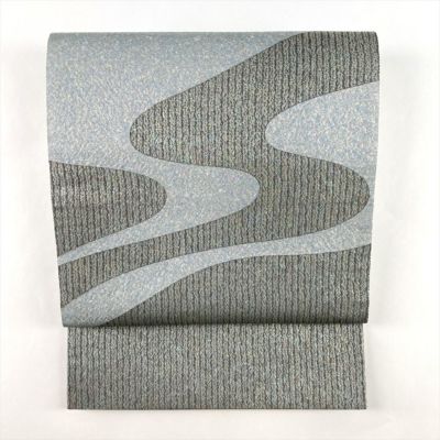 中古）袋帯 グレー 水色 セミフォーマル 六通 織り 本漆津軽箔 流水文 絹