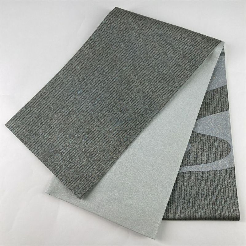 中古）袋帯 グレー 水色 セミフォーマル 六通 織り 本漆津軽箔 流水文 絹