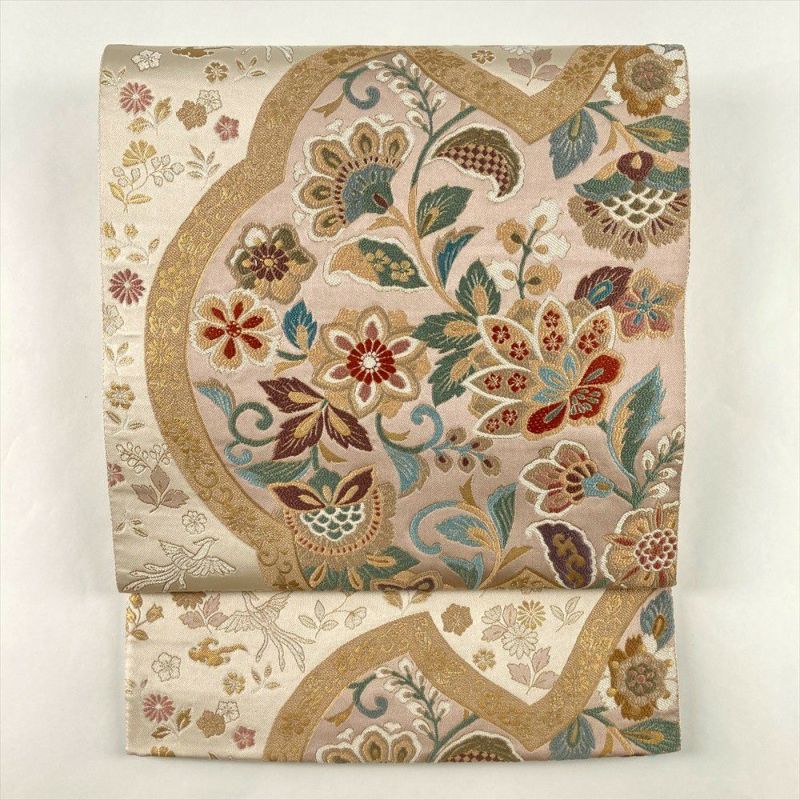 中古）袋帯 白茶 ベージュ セミフォーマル 六通 織り 金糸