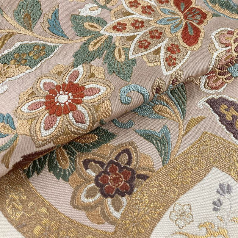 中古）袋帯 白茶 ベージュ セミフォーマル 六通 織り 金糸