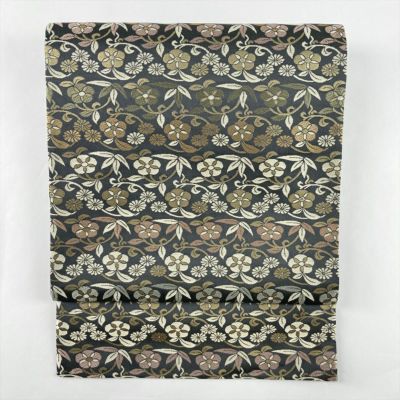 中古）袋帯 濃灰 セミフォーマル 六通 錦織り 花草文 絹