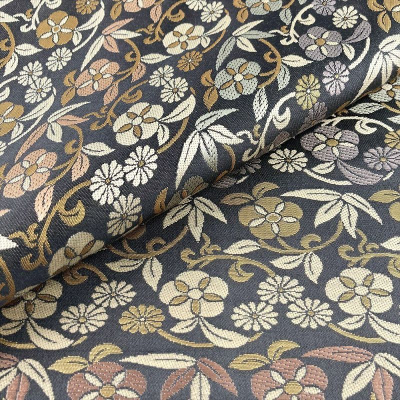 中古）袋帯 濃灰 セミフォーマル 六通 錦織り 花草文 絹