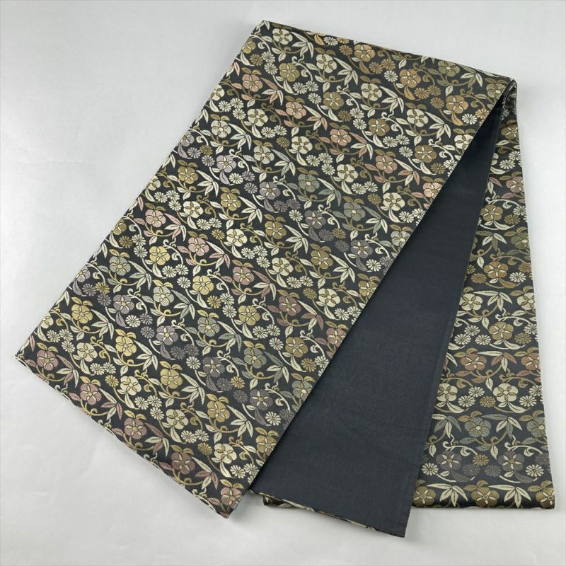 中古）袋帯 濃灰 セミフォーマル 六通 錦織り 花草文 絹