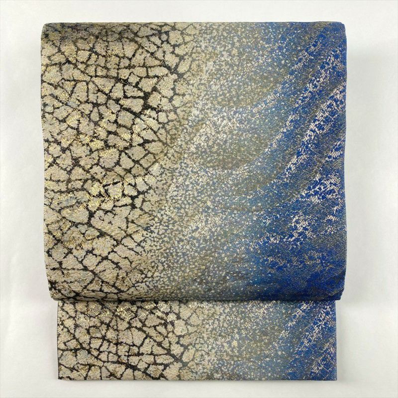 中古）袋帯 青 金 フォーマル 全通 織り 金糸 干割れ 波 絹