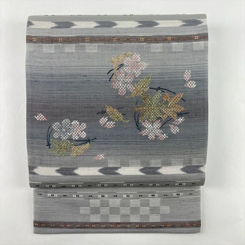 中古）袋帯 グレー カジュアル 六通 織り 金糸 吹き寄せ文 絹