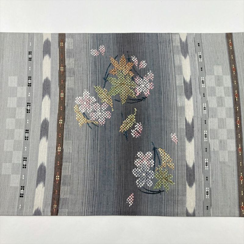 中古）袋帯 グレー カジュアル 六通 織り 金糸 吹き寄せ文 絹