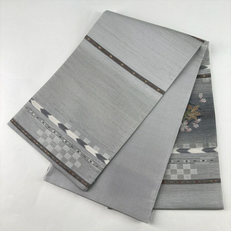 中古）袋帯 グレー カジュアル 六通 織り 金糸 吹き寄せ文 絹