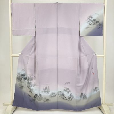 mitsu様御専用。GY-7 紬 薄鼠色　薄紫色　市松模様　段暈し　裄丈長め 中古） 訪問着 薄藤 薄紫 セミフォーマル 風景文 袷 絹 【身丈】155cm