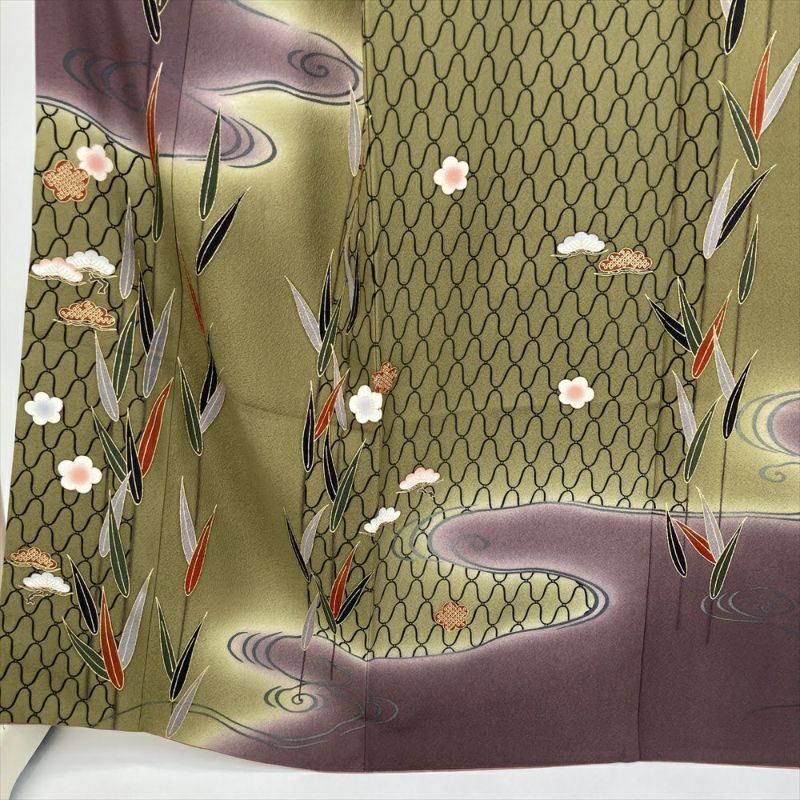 中古） 訪問着 小豆色 鶯色 セミフォーマル 松竹梅 袷 絹 【身丈