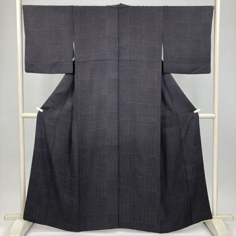 中古） 小紋 黒 カジュアル 縞格子 袷 絹 【身丈】156cm【裄丈】68cm