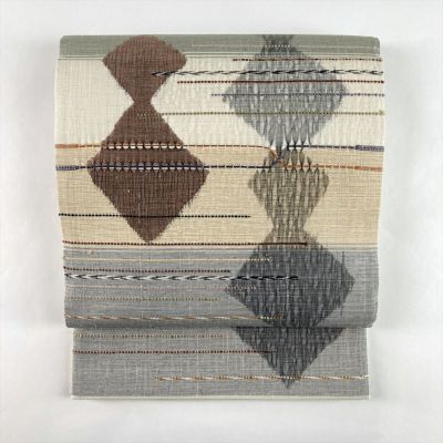 中古）袋帯 グレー カジュアル 六通 織り 幾何学 横段 絹