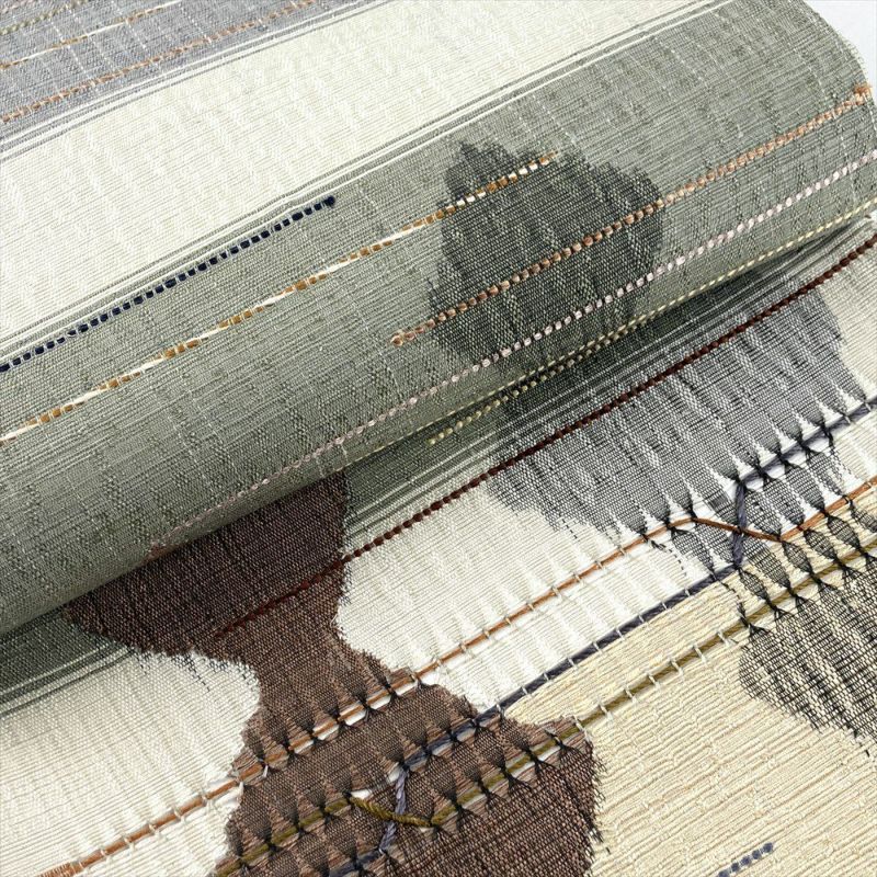 中古）袋帯 グレー カジュアル 六通 織り 幾何学 横段 絹