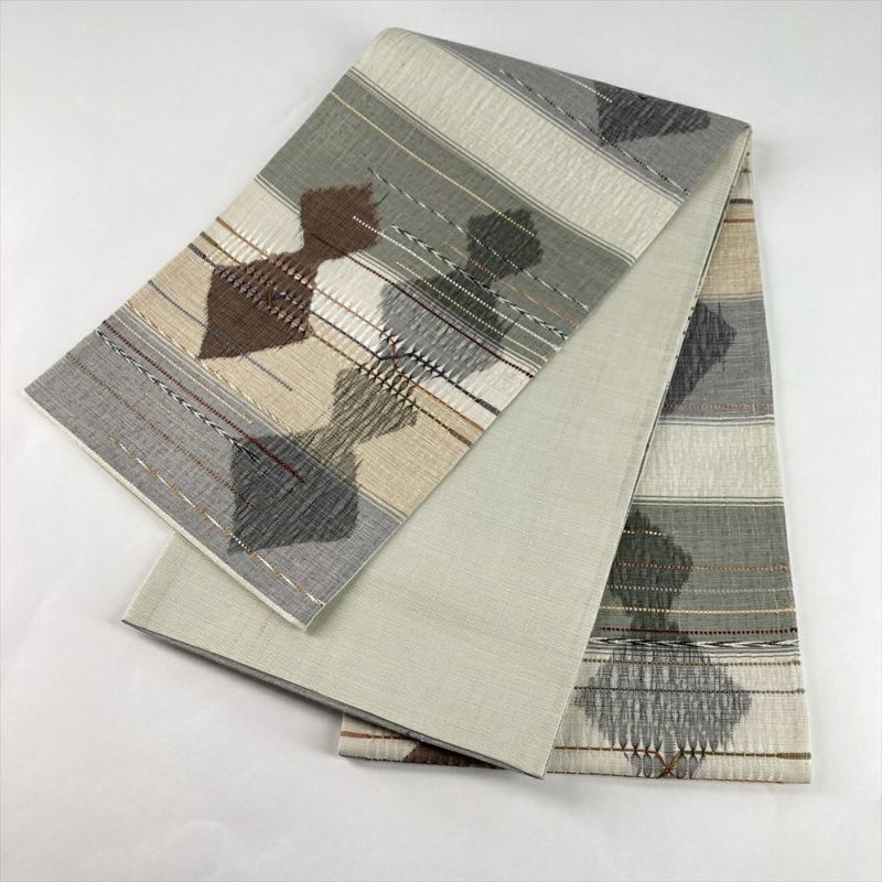 中古）袋帯 グレー カジュアル 六通 織り 幾何学 横段 絹