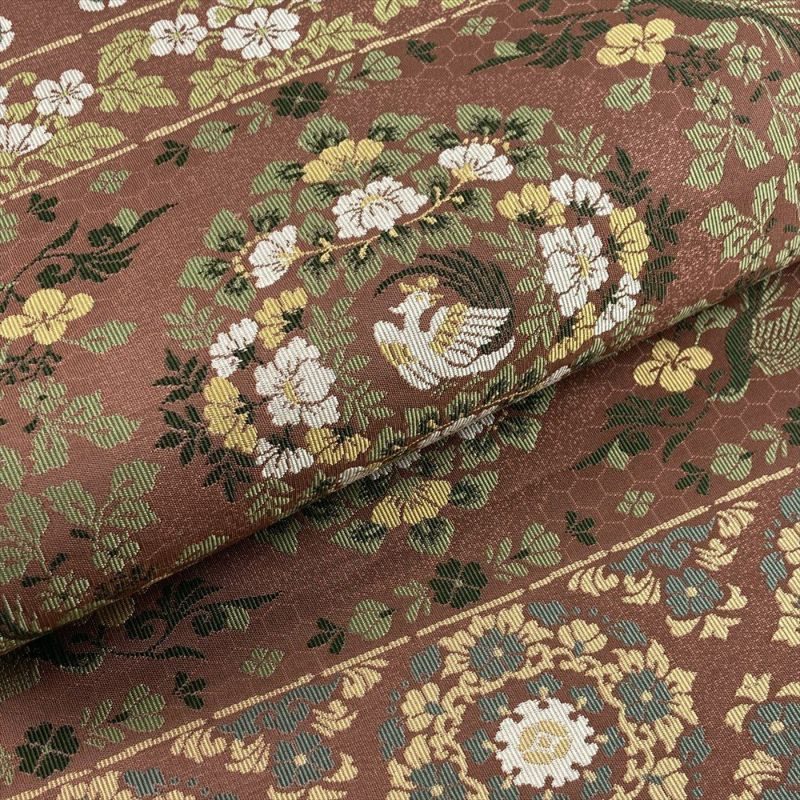 中古）袋帯 赤茶 セミフォーマル フォーマル 六通 織り 横段 花喰い鳥