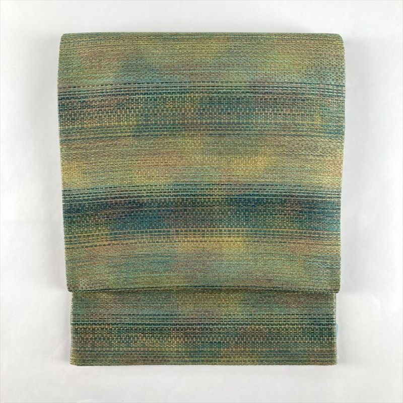 中古）袋帯 緑 金 カジュアル セミフォーマル 全通 織り 霞