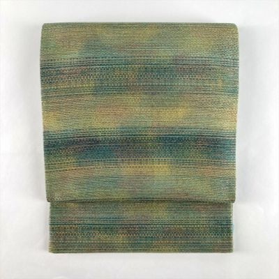 中古）袋帯 緑 金 カジュアル セミフォーマル 全通 織り 霞