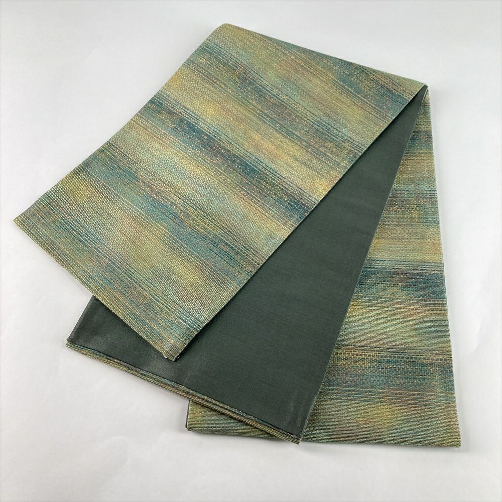 中古）袋帯 緑 金 カジュアル セミフォーマル 全通 織り 霞