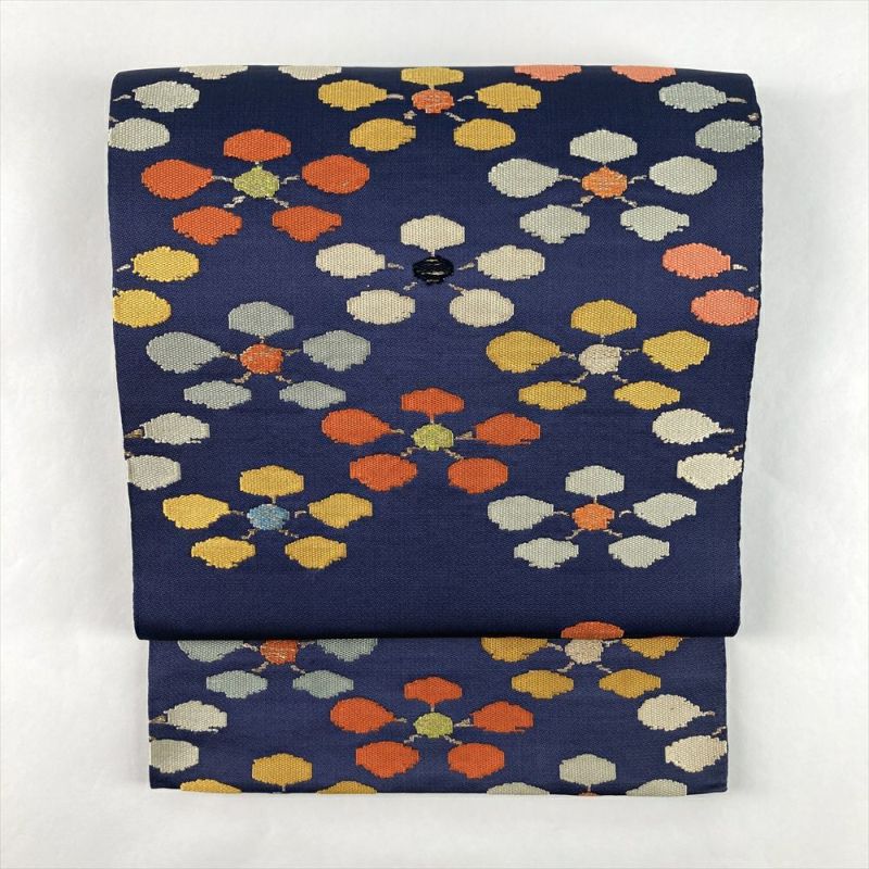 中古）袋帯 紺 セミフォーマル 六通 織り 梅鉢 絹