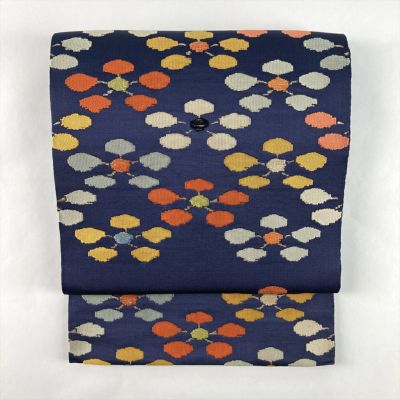 中古）袋帯 紺 セミフォーマル 六通 織り 梅鉢 絹