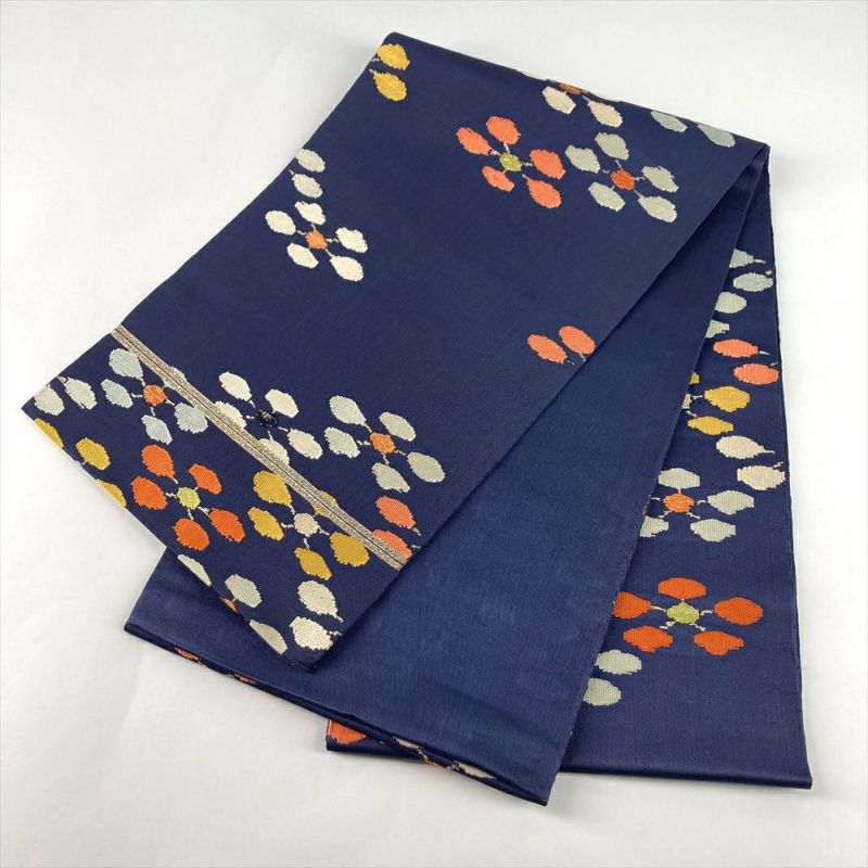 中古）袋帯 紺 セミフォーマル 六通 織り 梅鉢 絹