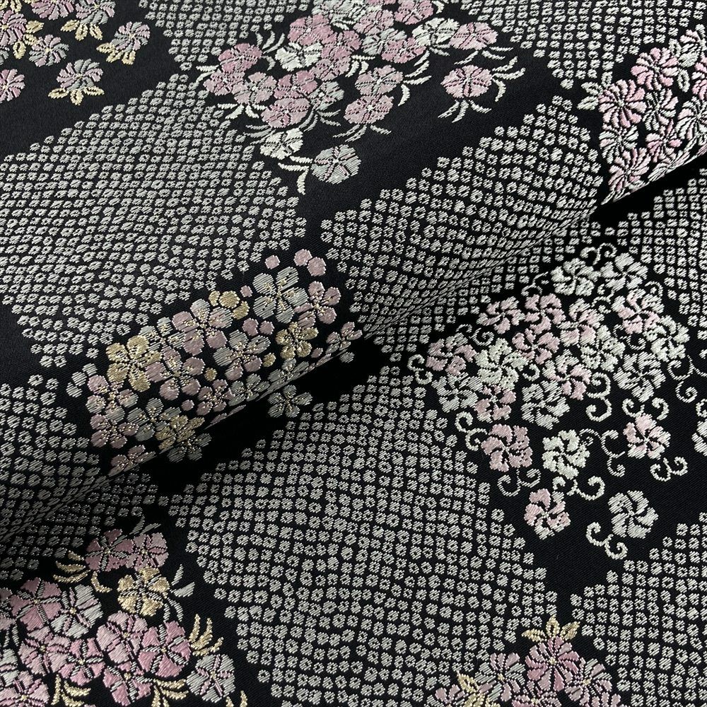 中古）袋帯 黒 セミフォーマル 六通 織り 市松 織り疋田 四季花 絹