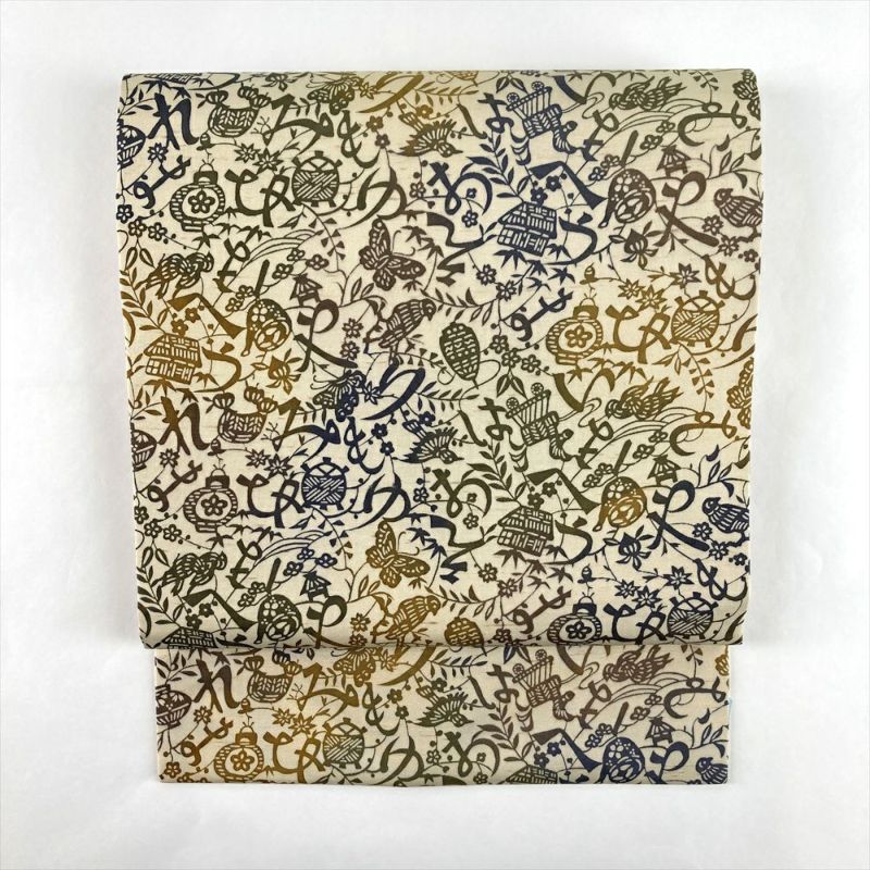 中古）名古屋帯 薄黄 カジュアル 名古屋仕立て 染め いろは文字 絹